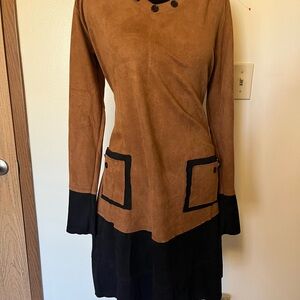 Brown Pleated Long Sleeve Sheath Dress